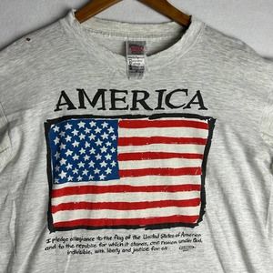 Vintage American Flag shirt Mens XL Gray Single Stitch Thrashed‎ Fruit of Loom